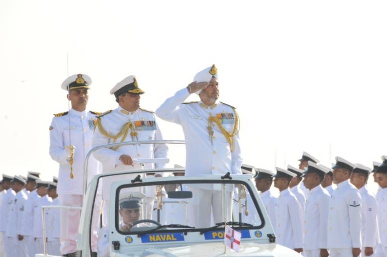 Vice Admiral SPS Cheema, PVSM, AVSM, NM, ADC Reviewing Ceremonial Parade on 31 Mar 15 at INS Shikra