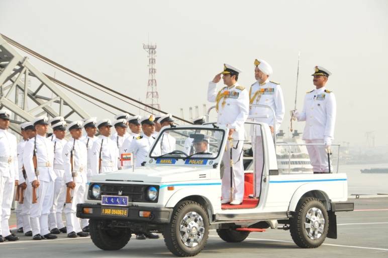 Admiral RK Dhowan, PVSM, AVSM, YSM, ADC , the Chief of the Naval Staff,Reviewing the Investiture Ceremony Parade onboard Viraat