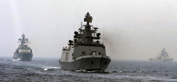 IN Ships Shivalik & Ranvijay making formation with Russian Ship Vinogradov