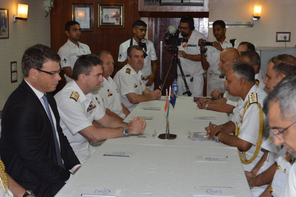 Rear Admiral Jonathan Mead, Head Navy Capability Royal Australian Navy (RAN) and Rear Admiral AB Singh, Flag Officer Commanding Eastern Fleet inaugurating the first edition of Bilateral Maritime Exercise, AUSINDEX-15 onboard INS Shivilak at Vizag