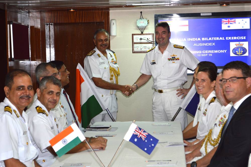 Rear Admiral Jonathan Mead, Head Navy Capability Royal Australian Navy (RAN) and Rear Admiral AB Singh, Flag Officer Commanding Eastern Fleet during AUSINDEX-15
