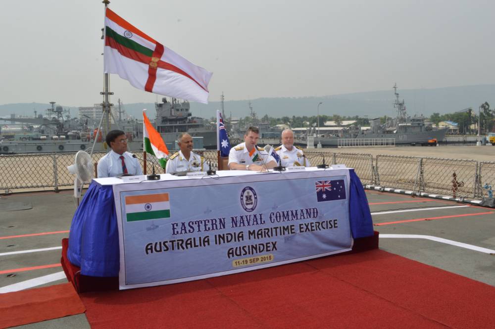 Joint Press Conference by Rear Admiral Jonathan Mead, Head Navy Capability Royal Australian Navy (RAN) and Rear Admiral AB Singh, Flag Officer Commanding Eastern Fleet during AUSINDEX-15