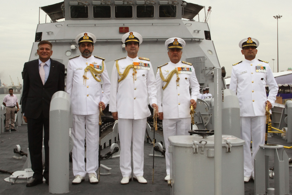 Admiral RK Dhowan, Chief of the Naval Staff along with Vice Admiral S Soni, FOC-in-C, East and Ships Commanding officer Commander MM Mokashi and CMD, GSL, Rear Admiral Shekhar Mittal (Retd) on board INS Sumitra