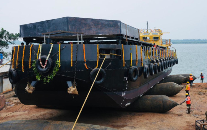 Launch of Missile Cum Ammunition (MCA) Barge, LSAM 10 (Yard 78) on 20 Nov 23 at M/s SECON Engineering Projects Pvt Ltd, Visakhapatnam