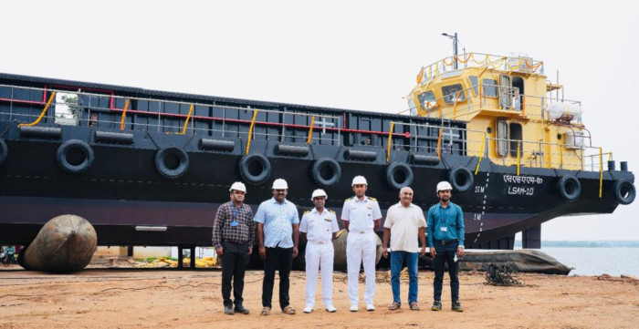 Launch of Missile Cum Ammunition (MCA) Barge, LSAM 10 (Yard 78) on 20 Nov 23 at M/s SECON Engineering Projects Pvt Ltd, Visakhapatnam