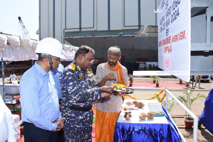 Keel Laying of The First Next Generation Offshore Patrol Vessel (ex-GSL) on 03 May 24 at Goa Shipyard Ltd
