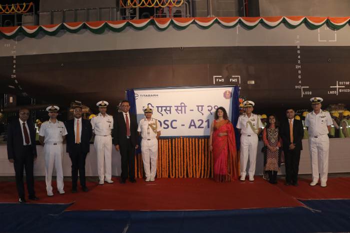 Launch of DSC A 21 (Yard 326) second ship of 05 X Diving Support Craft (DSC) project on 30 Oct 23 at M/s Titagarh Rail Systems Limited (TRSl), Kolkata