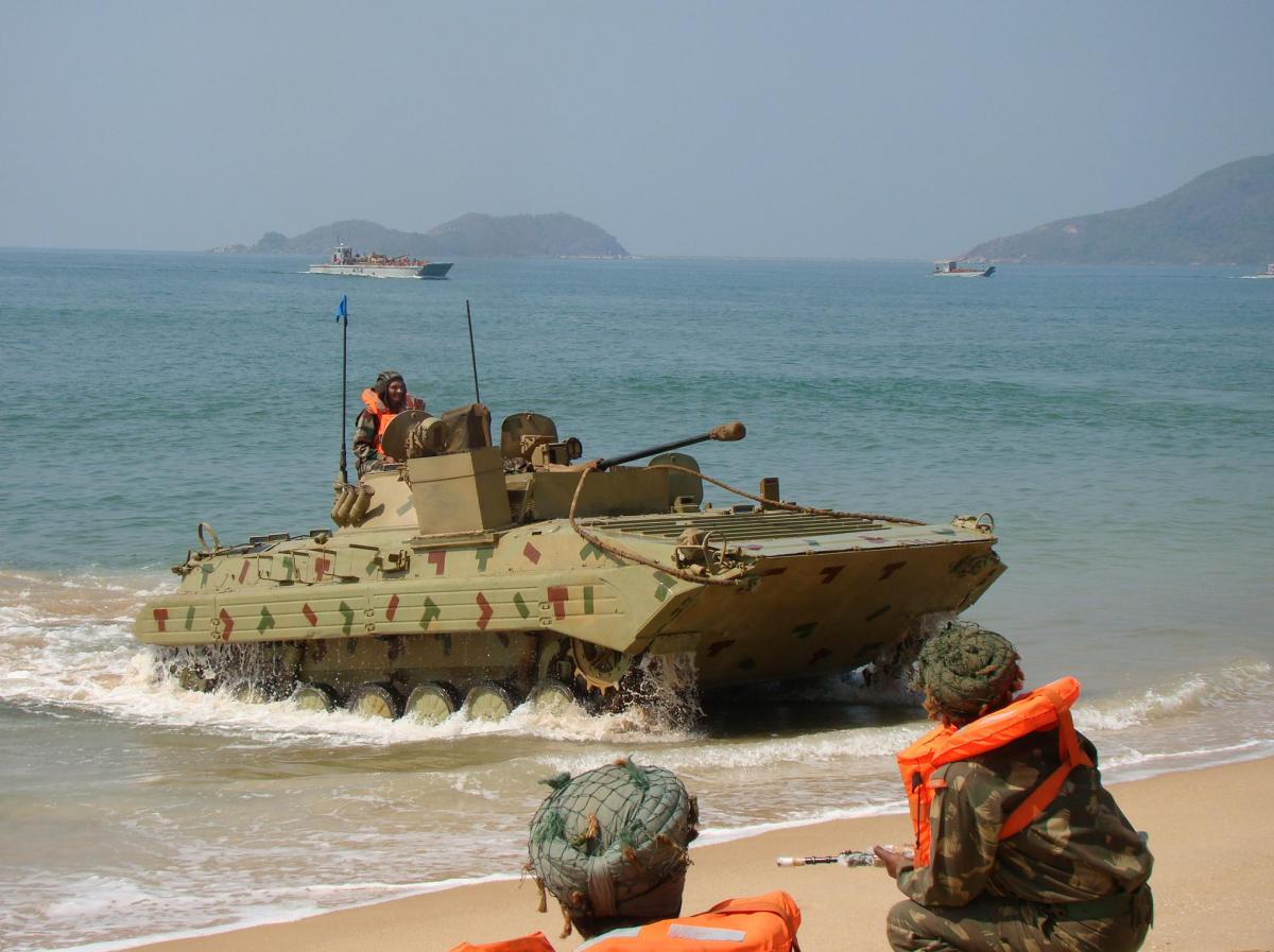 Amphibious Operations An Army Tank being driven out from Sea to Land